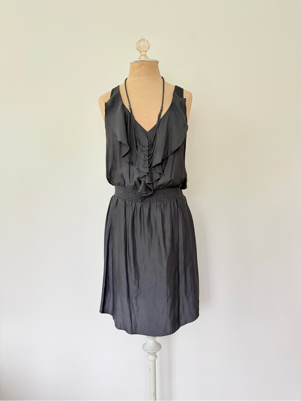 American Eagle Dark Charcoal Ruffle V-Neck Dress Smocked Waist Size M